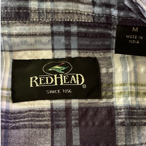 Redhead Vintage Blue Plaid Seersucker Button Front Short Sleeve Shirt Medium - Picture 4 of 9